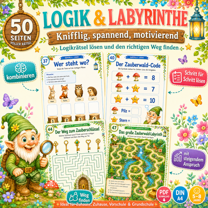 Labyrinthe und Logikrätsel für Kinder im Zauberwald-Stil von ZwergeZauber als digitales PDF für Vorschule und Grundschule.