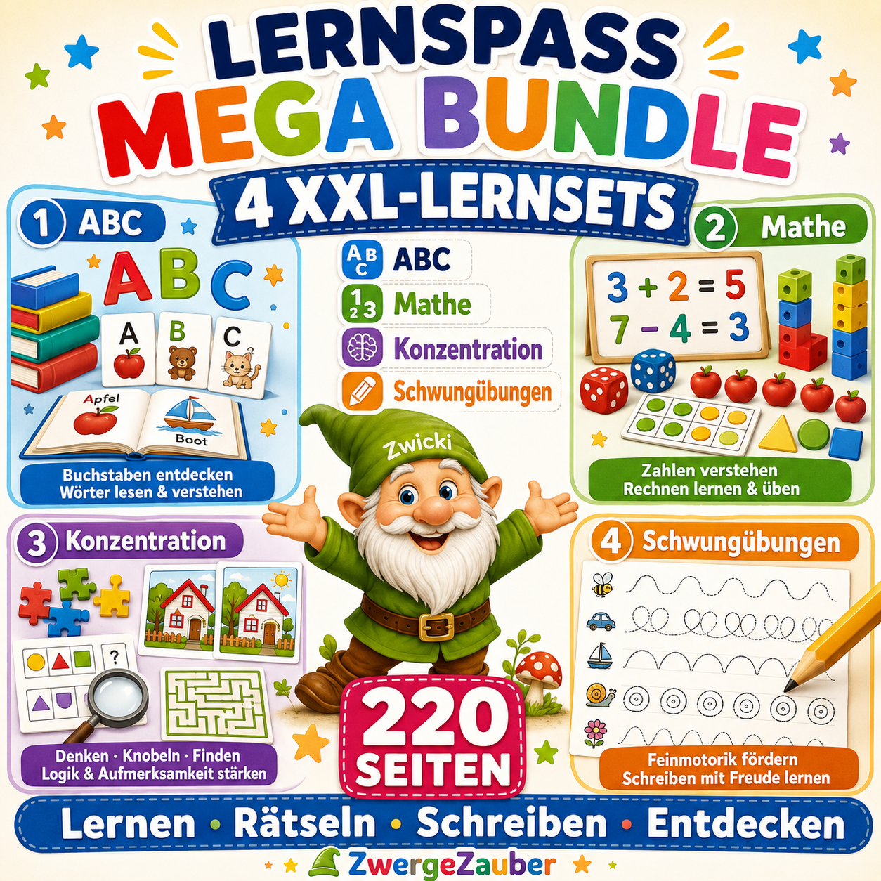 Lernspaß Mega Bundle von ZwergeZauber mit Zwicki dem Zwerg, 4 XXL-Lernsets zu ABC, Mathe, Konzentration und Schwungübungen, 220 Seiten als PDF für Vorschule und Schulstart
