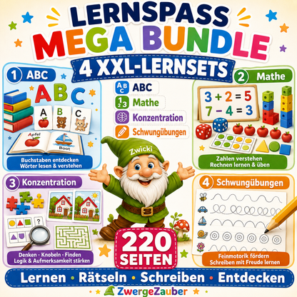 Lernspaß Mega Bundle von ZwergeZauber mit Zwicki dem Zwerg, 4 XXL-Lernsets zu ABC, Mathe, Konzentration und Schwungübungen, 220 Seiten als PDF für Vorschule und Schulstart