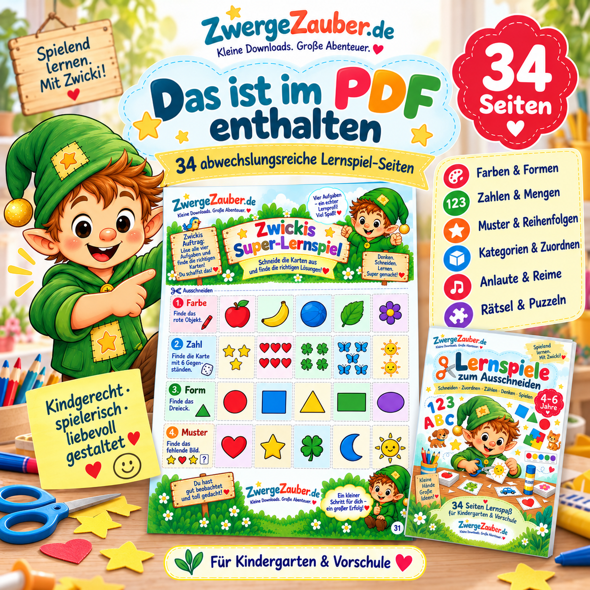 34 Seiten Lernspiele zum Ausschneiden mit Farben, Formen, Zahlen, Mustern, Zuordnungen, Rätseln und Vorschulaufgaben