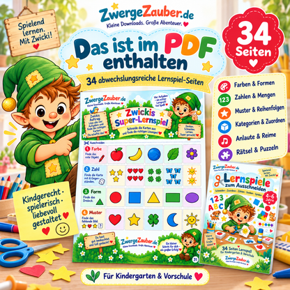 34 Seiten Lernspiele zum Ausschneiden mit Farben, Formen, Zahlen, Mustern, Zuordnungen, Rätseln und Vorschulaufgaben