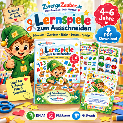 Lernspiele zum Ausschneiden für Kinder von 4 bis 6 Jahren – 34 Seiten Lernspaß mit Zwicki für Kindergarten und Vorschule