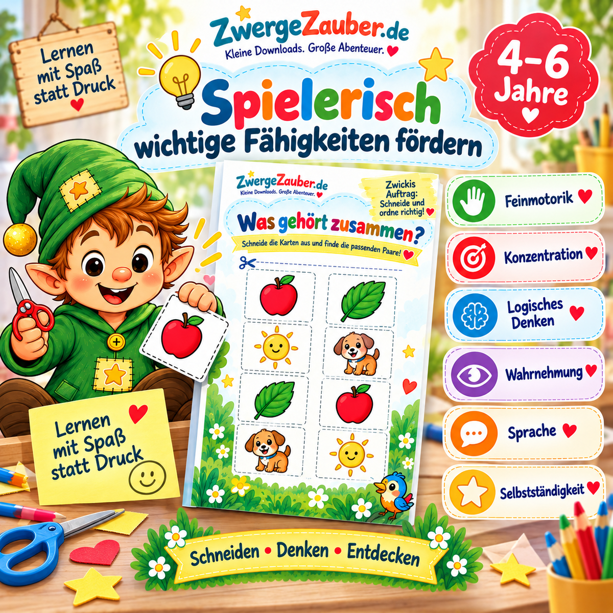 Spielerische Lernspiele zum Ausschneiden fördern Feinmotorik, Konzentration, logisches Denken, Wahrnehmung und Sprache bei Kindern