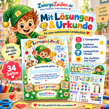 Lernspiele zum Ausschneiden mit Lösungen und Lernspiel-Profi-Urkunde als motivierender Abschluss für Vorschulkinder