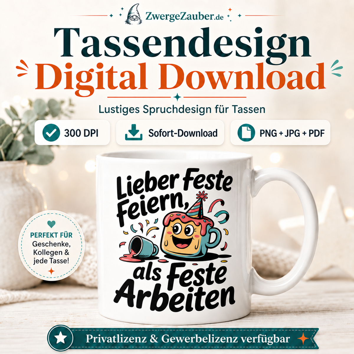 ZwergeZauber Tassendesign Lieber feste feiern als feste arbeiten – Verkaufsbild 1