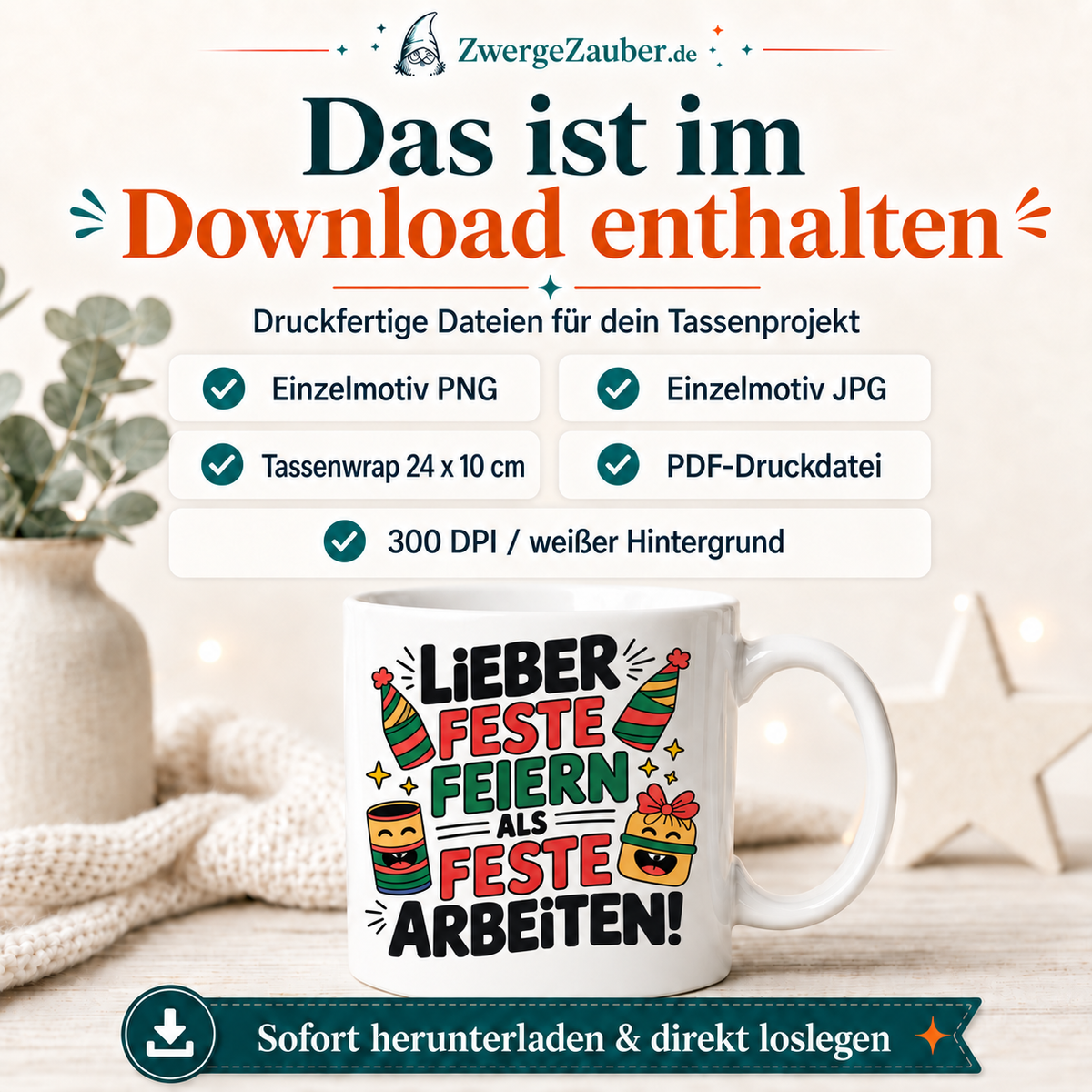 Download-Inhalt des lustigen Party-Tassendesigns mit PNG JPG Wrap und PDF