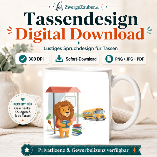 ZwergeZauber Tassendesign Löwe an der Schulbushaltestelle – Verkaufsbild 1