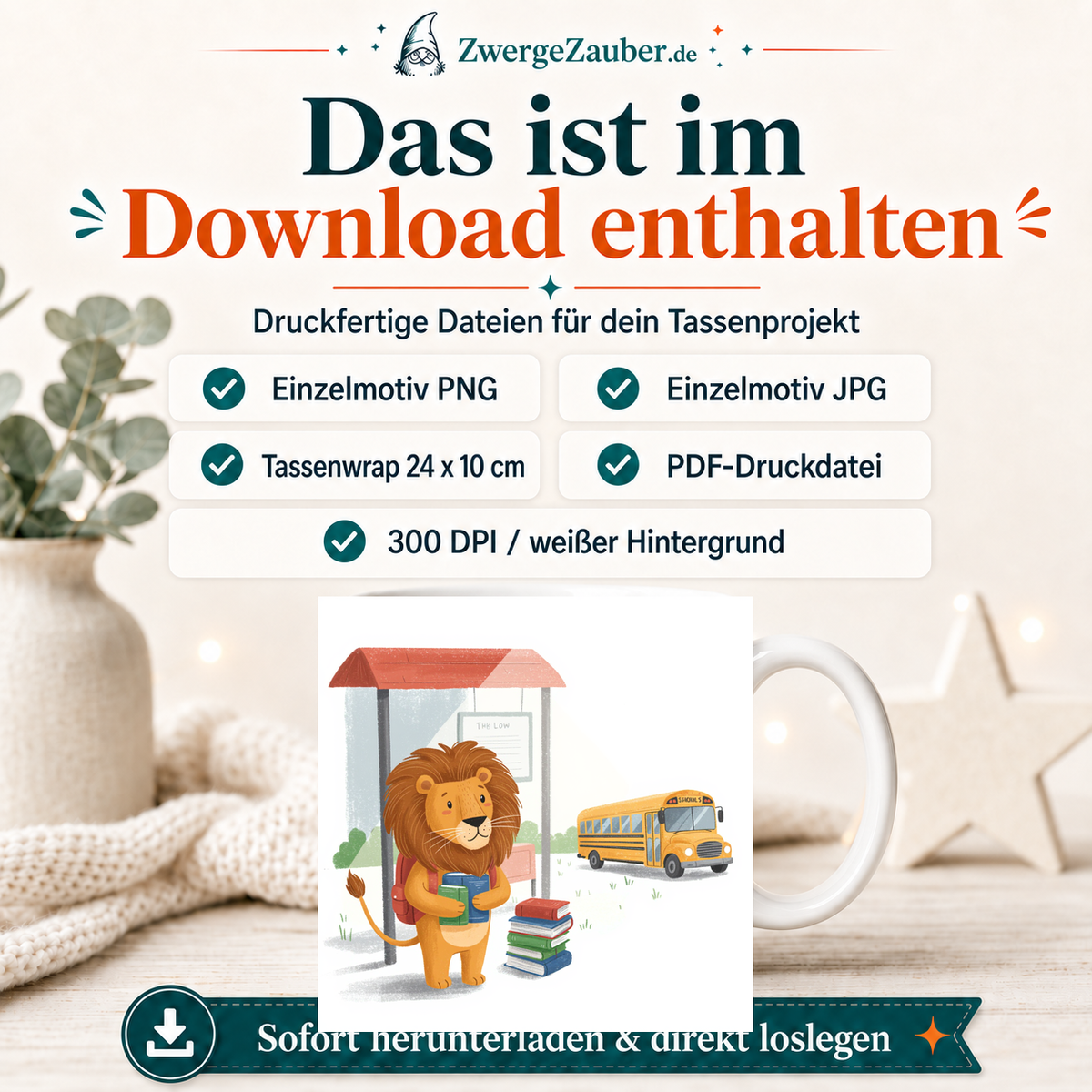 ZwergeZauber Tassendesign Löwe an der Schulbushaltestelle – Verkaufsbild 2