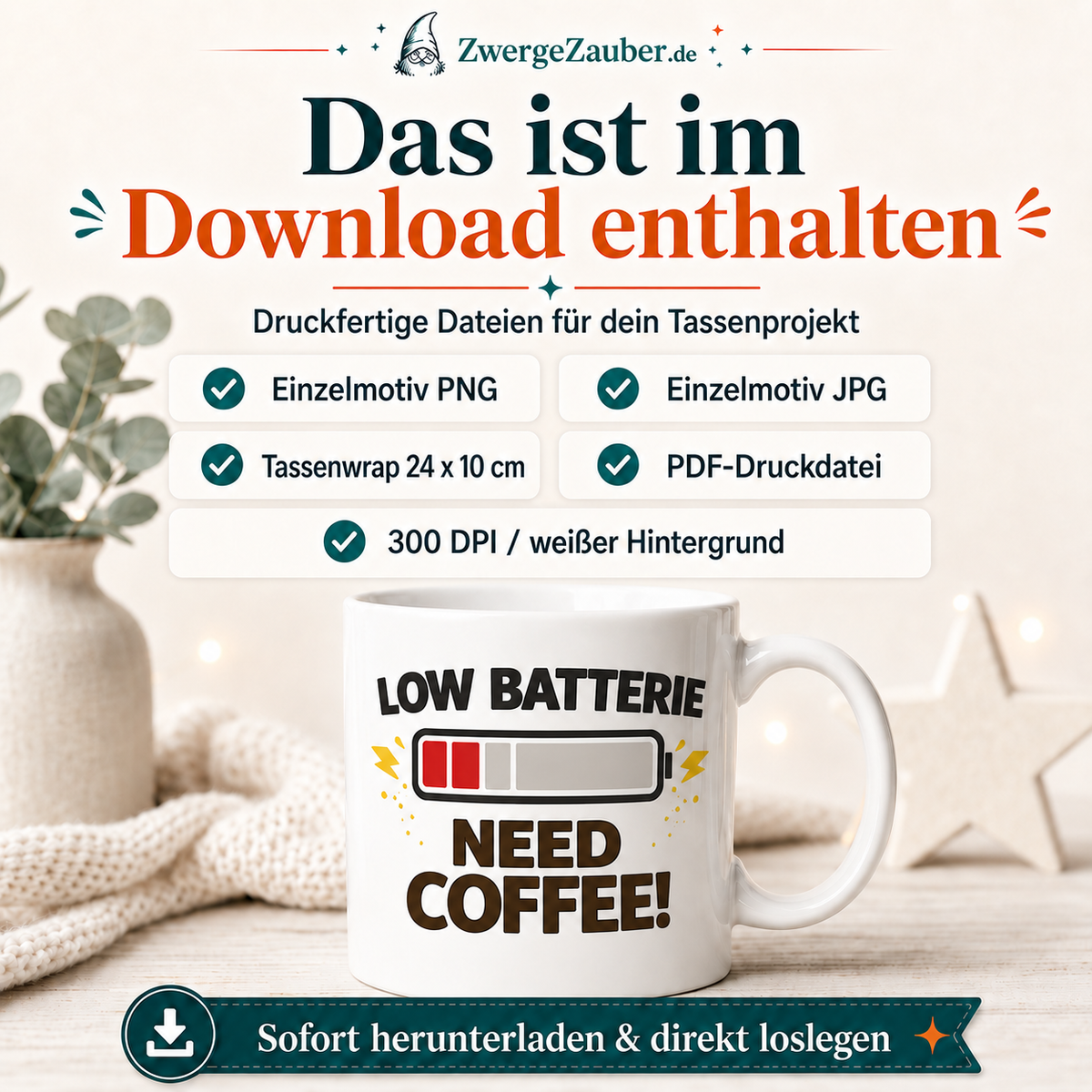 ZwergeZauber Tassendesign Low Batterie Need Coffee – Verkaufsbild 2