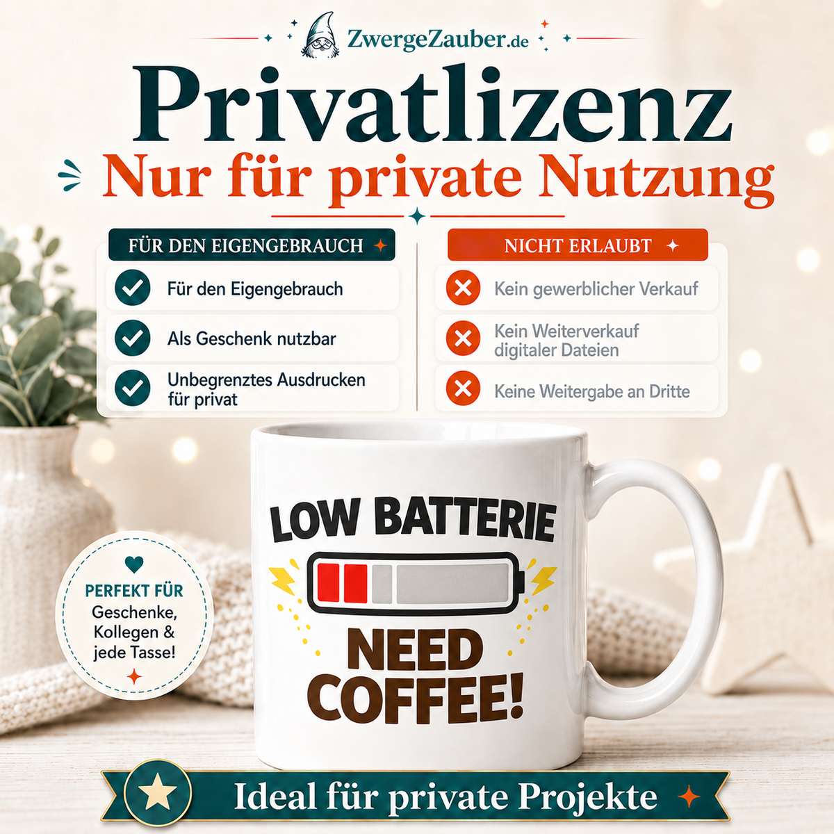 ZwergeZauber Tassendesign Low Batterie Need Coffee – Verkaufsbild 3