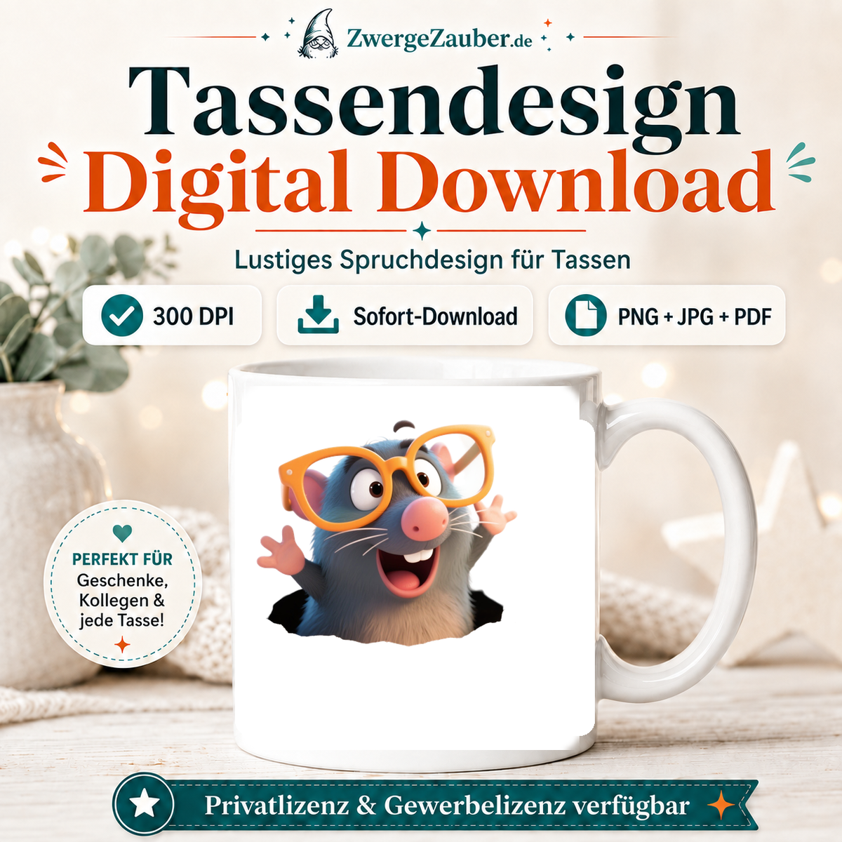 ZwergeZauber Tassendesign Lustiger Maulwurf mit Brille – Verkaufsbild 1