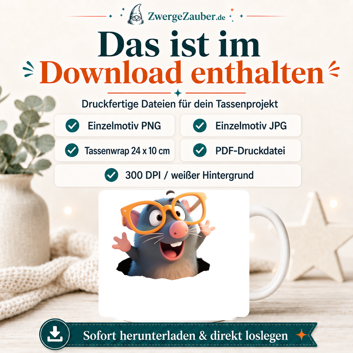 ZwergeZauber Tassendesign Lustiger Maulwurf mit Brille – Verkaufsbild 2