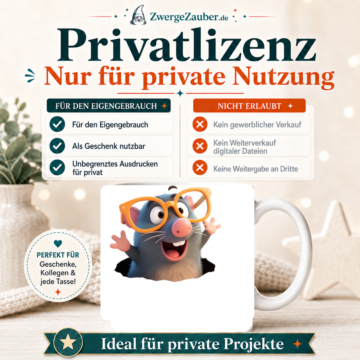 ZwergeZauber Tassendesign Lustiger Maulwurf mit Brille – Verkaufsbild 3