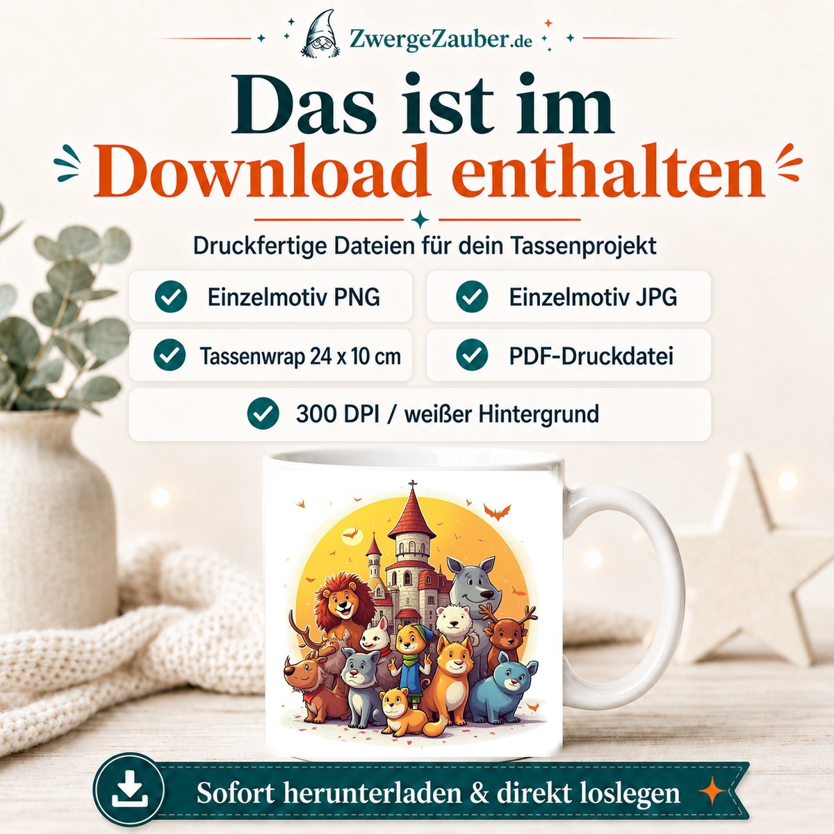 ZwergeZauber Tassendesign Magische Tiere vor dem Schloss – Verkaufsbild 2