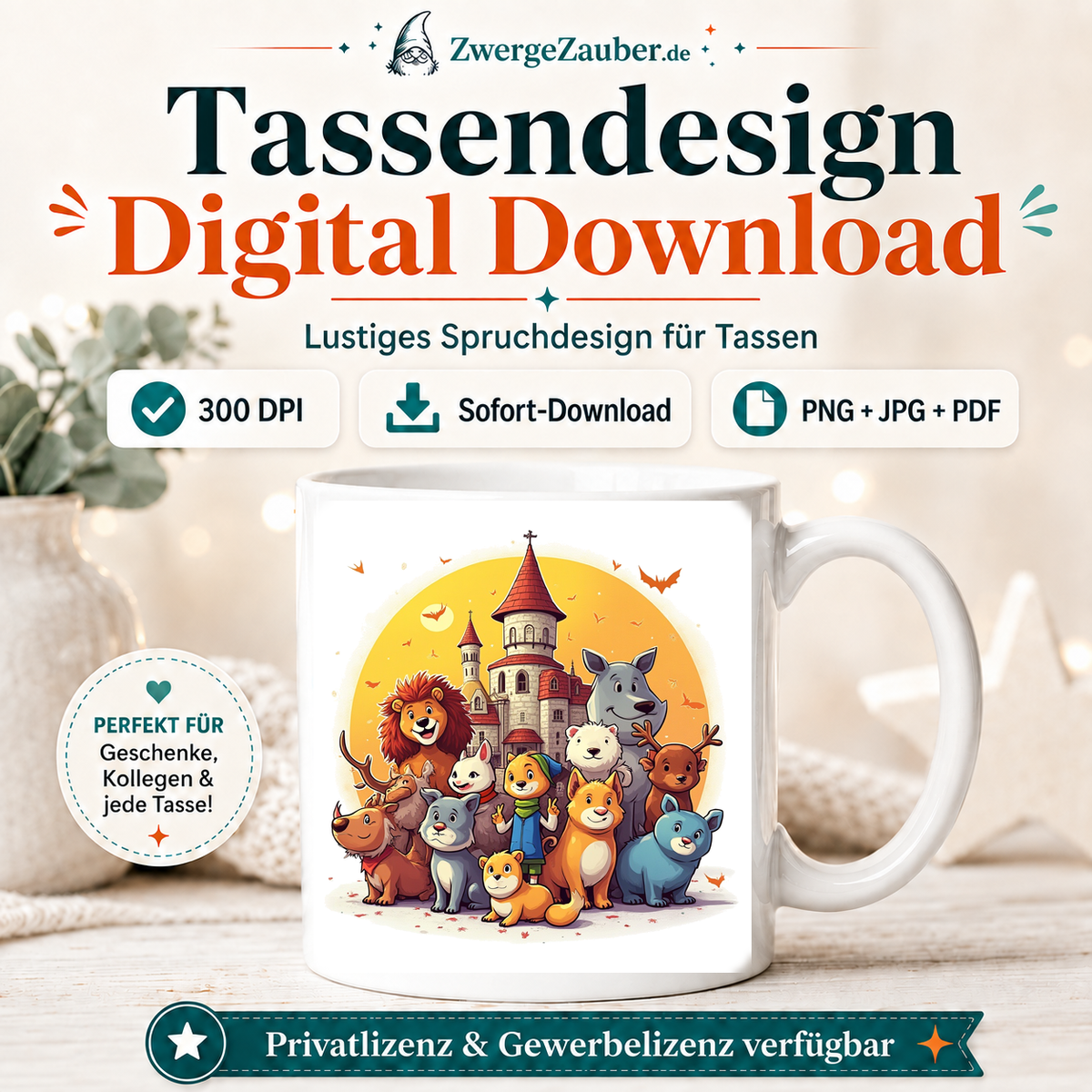 ZwergeZauber Tassendesign Magische Tiere vor dem Schloss – Verkaufsbild 1