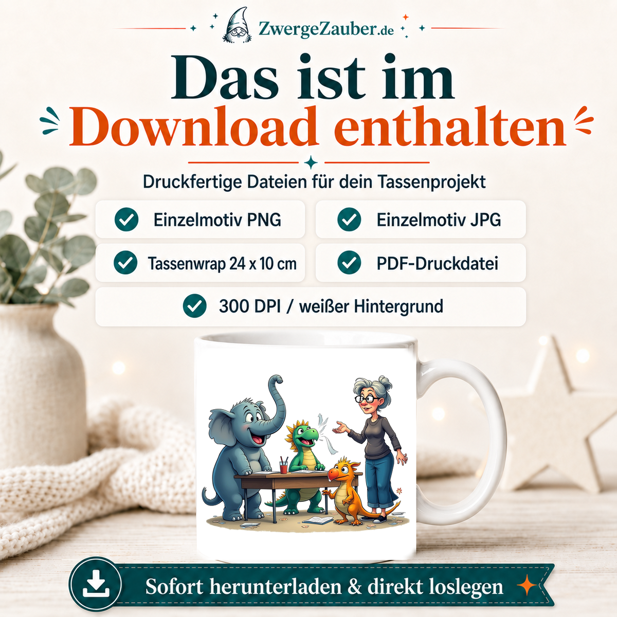 ZwergeZauber Tassendesign Magischer Unterricht mit Elefant und Drachen  – Verkaufsbild 2