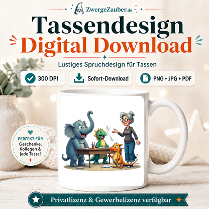 ZwergeZauber Tassendesign Magischer Unterricht mit Elefant und Drachen  – Verkaufsbild 1