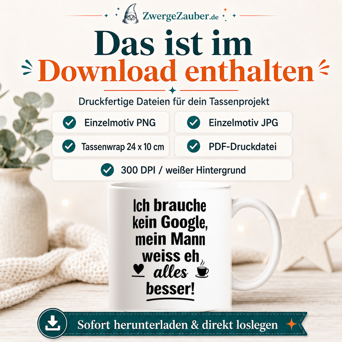 ZwergeZauber Tassendesign Ich brauche kein Google - mein Mann weiss eh alles besser! – Verkaufsbild 2