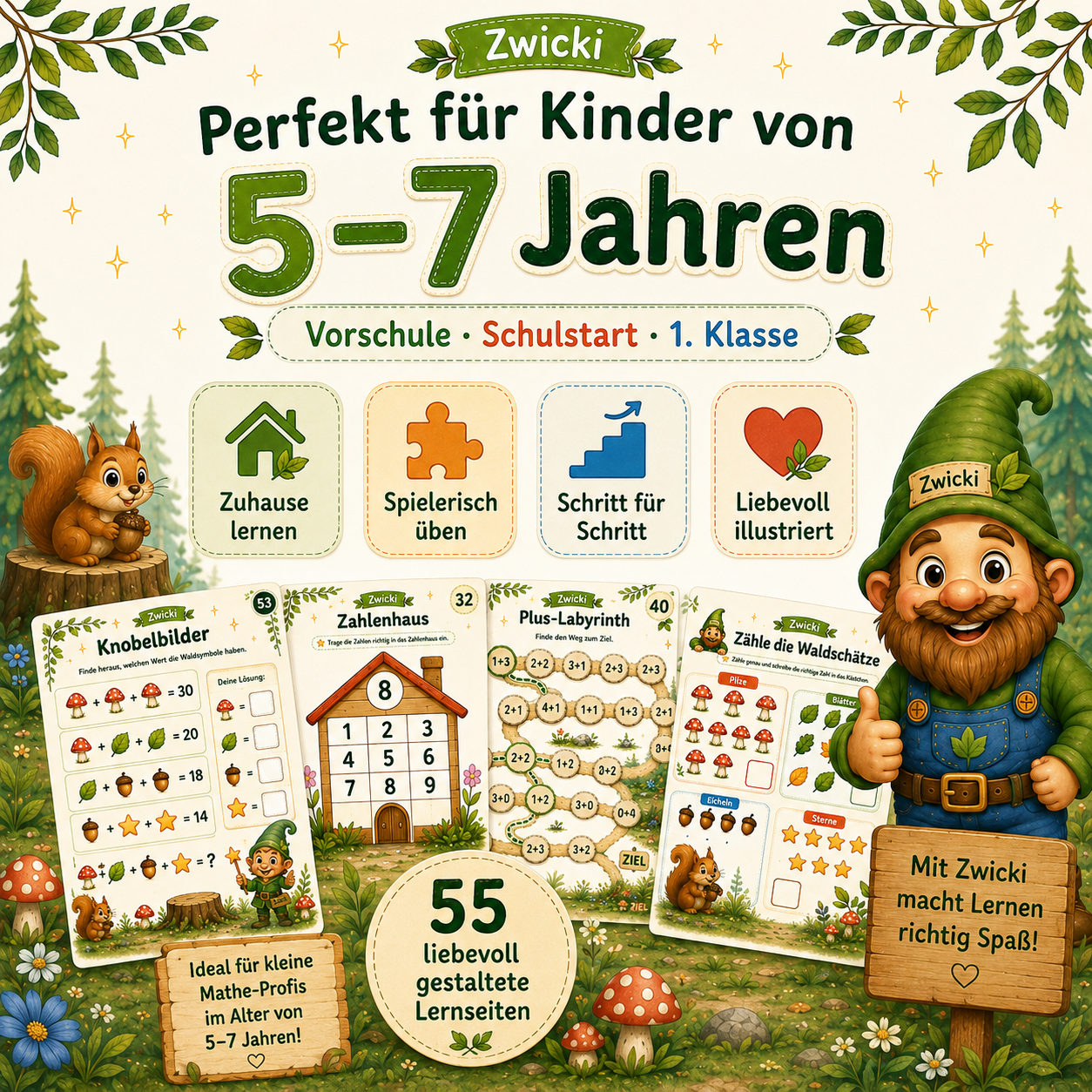 Mathe Lernmaterial für Kinder von 5 bis 7 Jahren für Vorschule, Schulvorbereitung und Schulstart