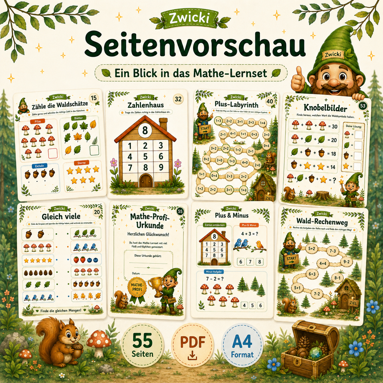 Vorschau auf Mathe Lernseiten mit Zahlen, Mengen, Plusaufgaben, Labyrinth und Logikrätseln