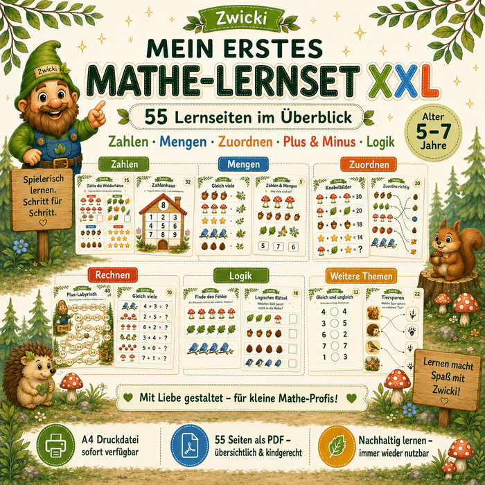 Mein erstes Mathe-Lernset XXL – 55 Lernseiten für Kinder von 5–7 Jahren | PDF Download