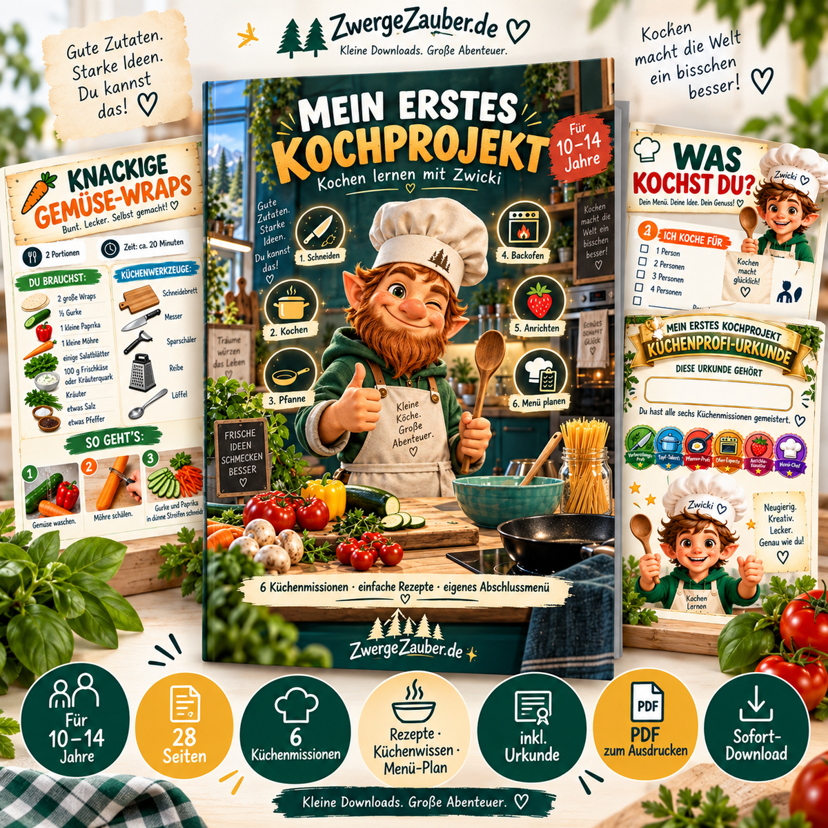 Mein erstes Kochprojekt für Kinder von 10 bis 14 Jahren als PDF mit Zwicki, 28 Seiten, 6 Küchenmissionen, Rezepten und Menüplanung