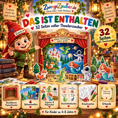 Mein kleines Papiertheater mit 32 Seiten – bastelbares Theater, 4 Bühnenwelten, Figuren, Requisiten, Geschichtenkarten und Urkunde
