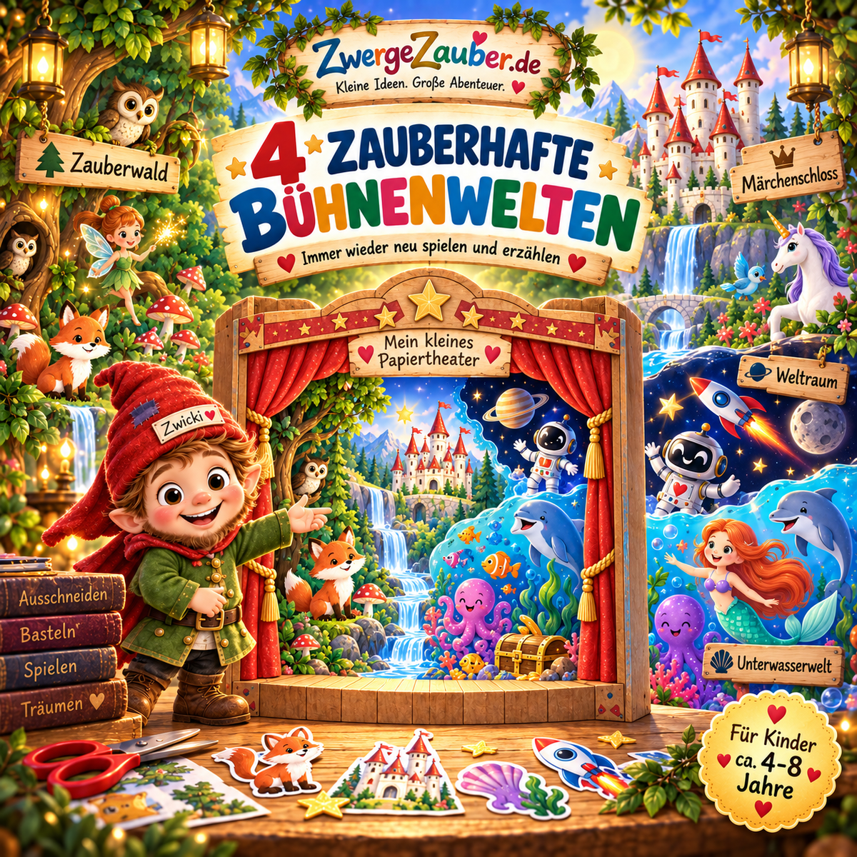 Vier Bühnenwelten für das Papiertheater – Zauberwald, Märchenschloss, Unterwasserwelt und Weltraum für Kinder