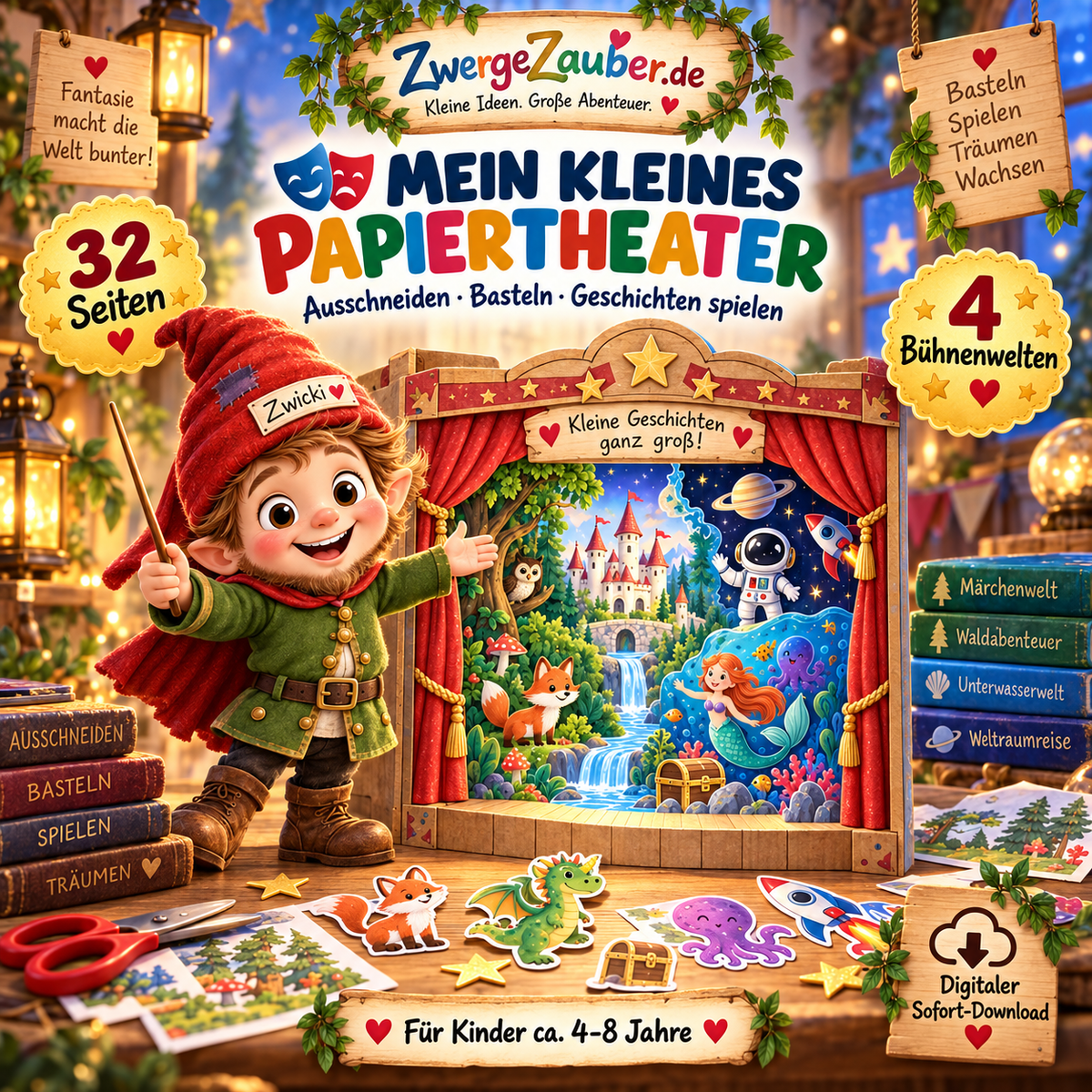 Mein kleines Papiertheater für Kinder von 4–8 Jahren – 32 Seiten zum Ausschneiden, Basteln, Spielen und Geschichten erfinden