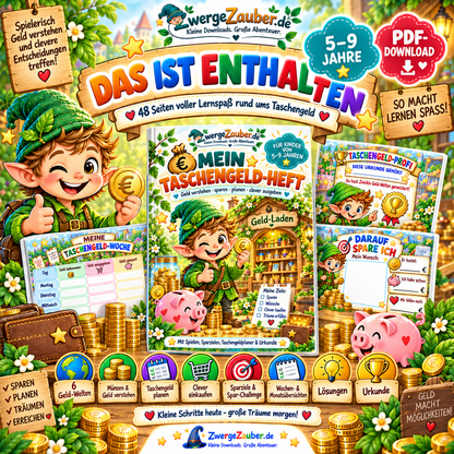 Mein Taschengeld-Heft mit 48 Seiten, sechs Geld-Welten, Münzaufgaben, Sparzielen, Planern, Lösungen und Urkunde