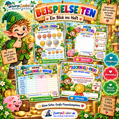 Beispielseiten aus dem Taschengeld-Heft für Kinder mit Münzen lernen, Sparziel, Taschengeld-Woche und Urkunde