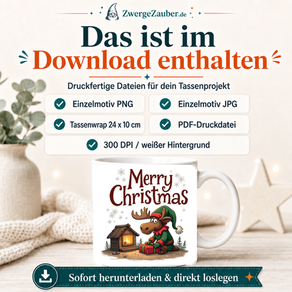 ZwergeZauber Tassendesign Merry Christmas Elch mit Geschenk am Kamin – Verkaufsbild 2