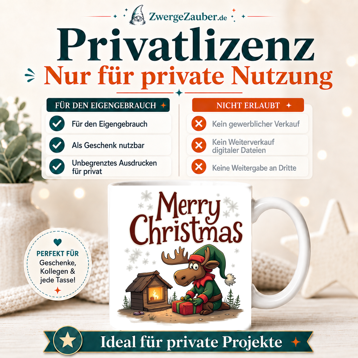 ZwergeZauber Tassendesign Merry Christmas Elch mit Geschenk am Kamin – Verkaufsbild 3