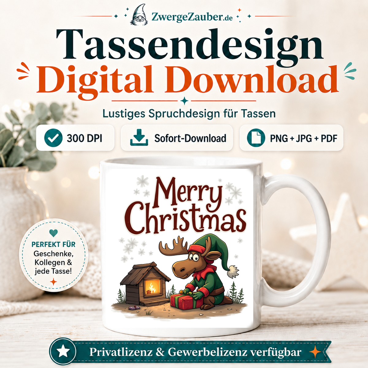 ZwergeZauber Tassendesign Merry Christmas Elch mit Geschenk am Kamin – Verkaufsbild 1