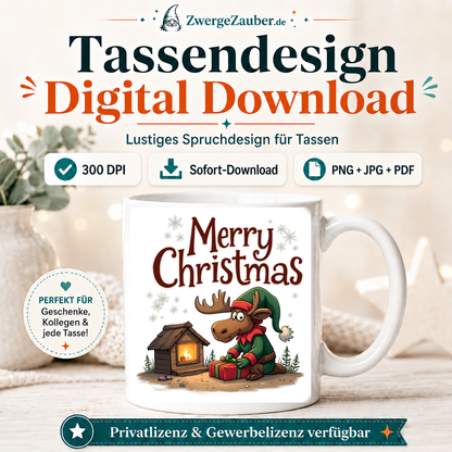 ZwergeZauber Tassendesign Merry Christmas Elch mit Geschenk am Kamin – Verkaufsbild 1