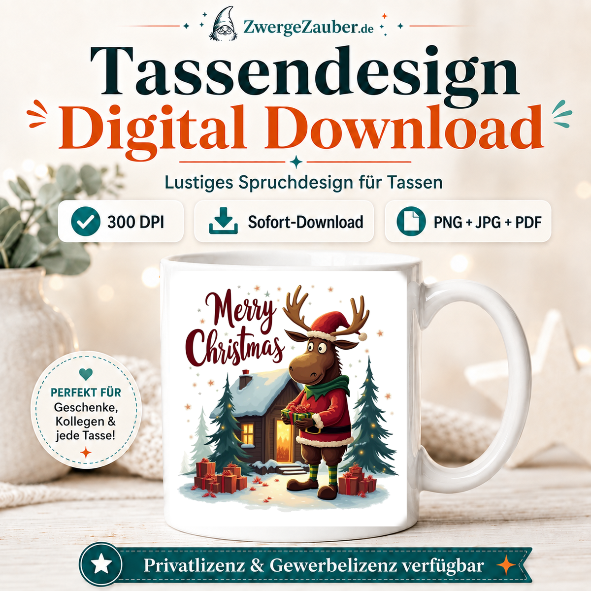 ZwergeZauber Tassendesign Merry Christmas Elch mit Geschenken – Verkaufsbild 1