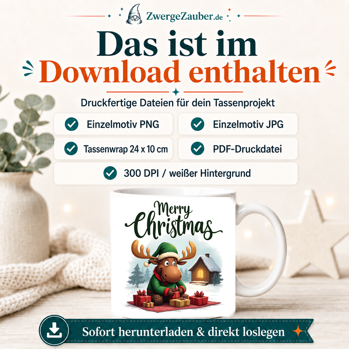 ZwergeZauber Tassendesign Merry Christmas Elch mit Geschenken und Winterhütte  – Verkaufsbild 2