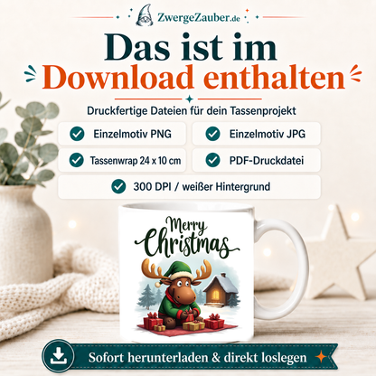 ZwergeZauber Tassendesign Merry Christmas Elch mit Geschenken und Winterhütte  – Verkaufsbild 2