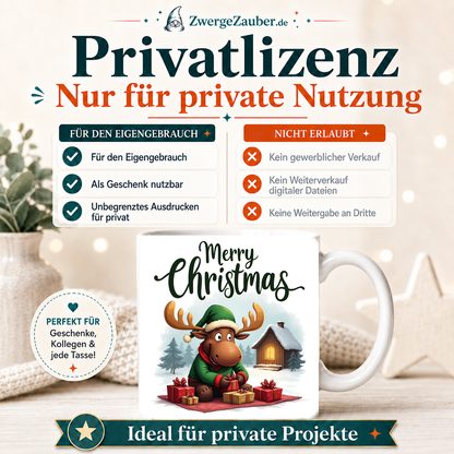 ZwergeZauber Tassendesign Merry Christmas Elch mit Geschenken und Winterhütte  – Verkaufsbild 3
