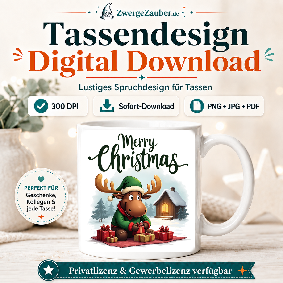ZwergeZauber Tassendesign Merry Christmas Elch mit Geschenken und Winterhütte  – Verkaufsbild 1