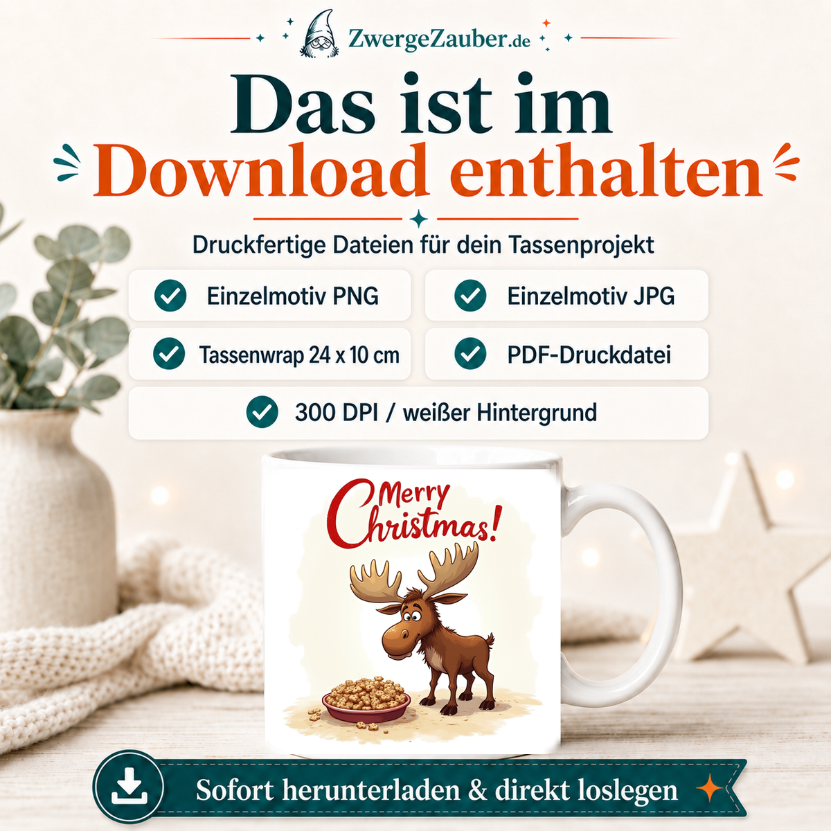 ZwergeZauber Tassendesign Merry Christmas Elch mit Plätzchen – Verkaufsbild 2