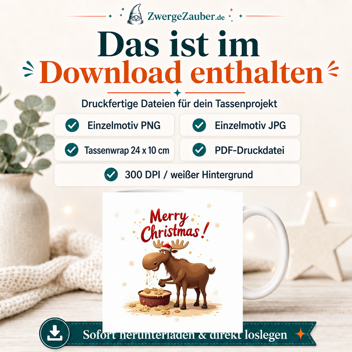 ZwergeZauber Tassendesign Merry Christmas Elch beim Plätzchenbacken – Verkaufsbild 2