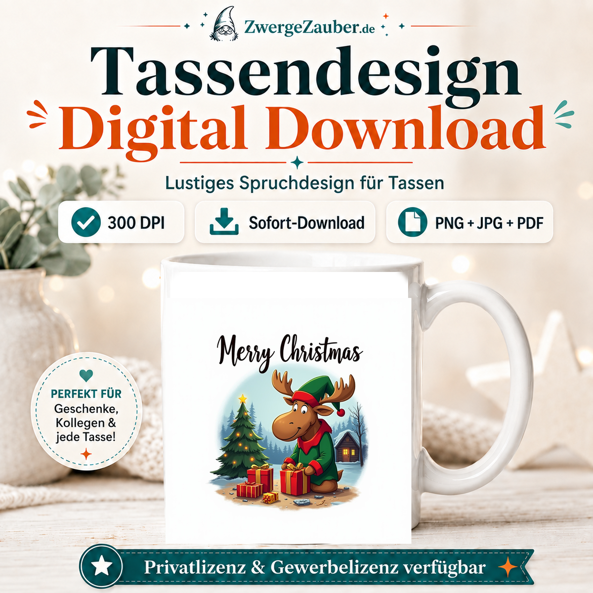 ZwergeZauber Tassendesign Merry Christmas Elch mit Weihnachtsbaum & Geschenken – Verkaufsbild 1