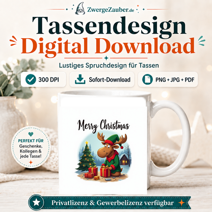 ZwergeZauber Tassendesign Merry Christmas Elch mit Weihnachtsbaum & Geschenken – Verkaufsbild 1