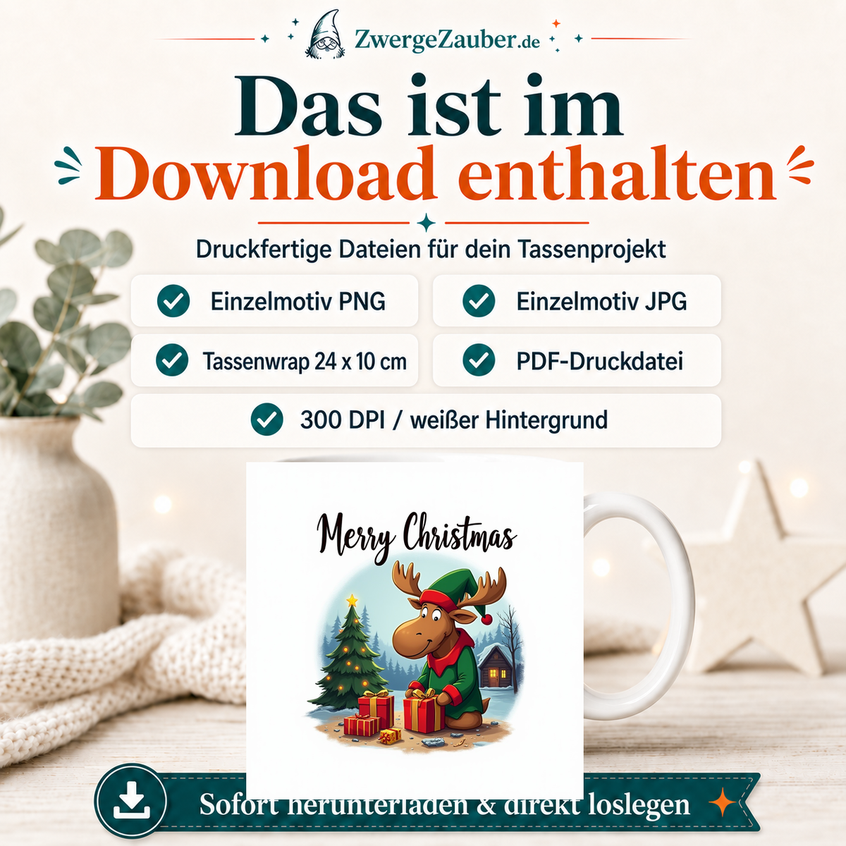 ZwergeZauber Tassendesign Merry Christmas Elch mit Weihnachtsbaum & Geschenken – Verkaufsbild 2
