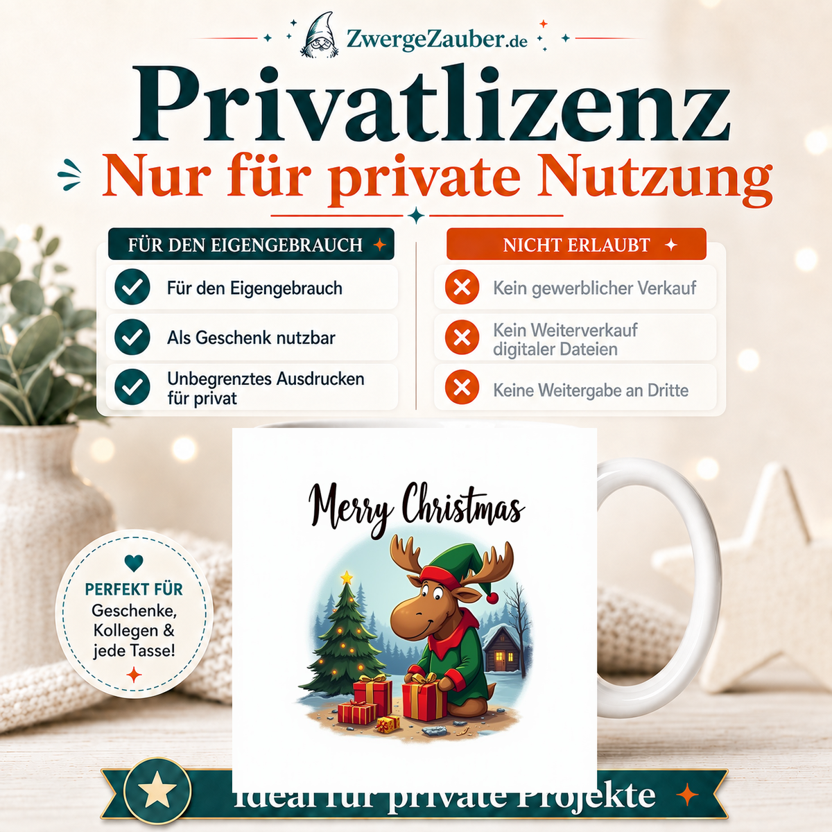 ZwergeZauber Tassendesign Merry Christmas Elch mit Weihnachtsbaum & Geschenken – Verkaufsbild 3