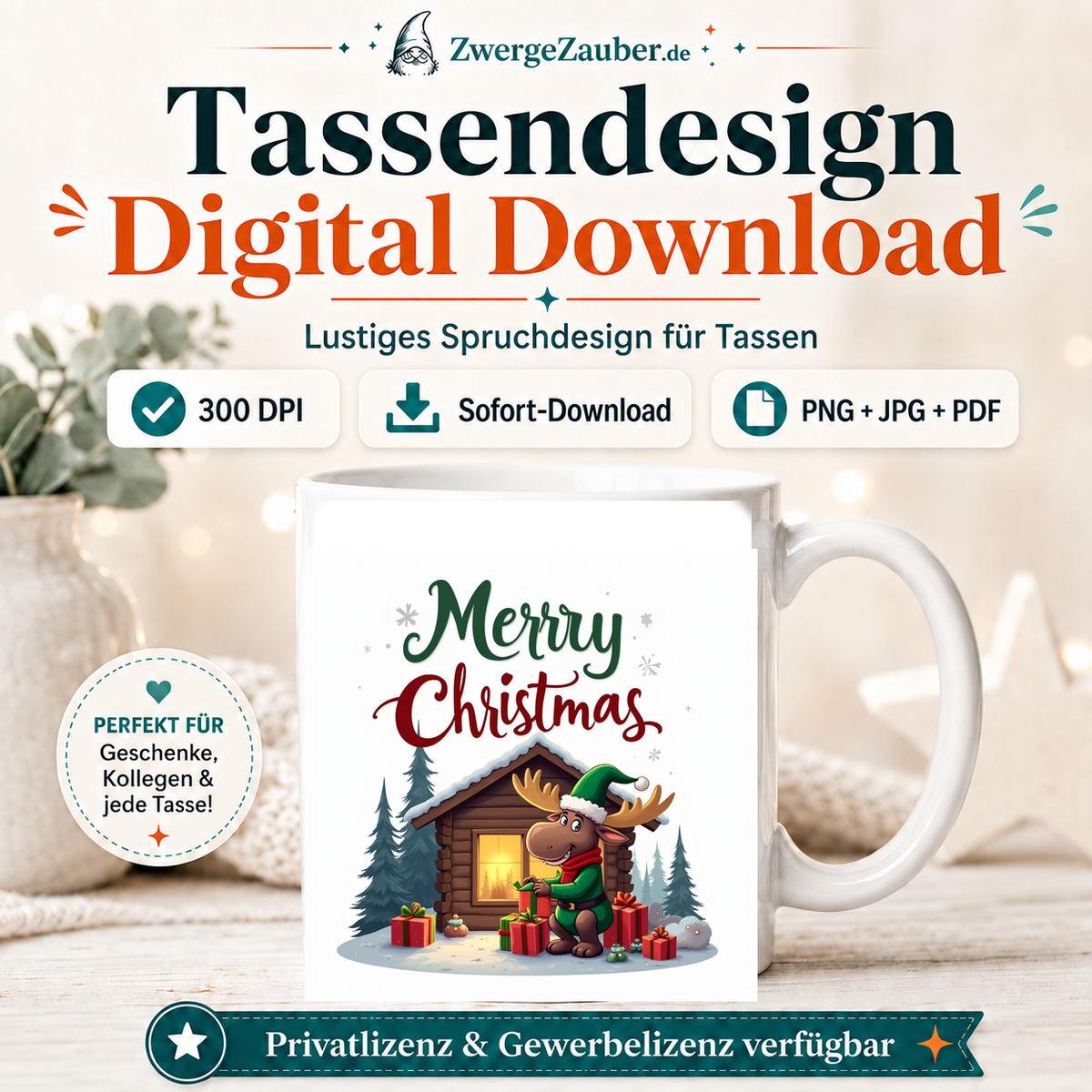 ZwergeZauber Tassendesign Merry Christmas Elch vor Winterhütte – Verkaufsbild 1