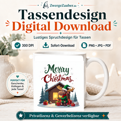 ZwergeZauber Tassendesign Merry Christmas Elch vor Winterhütte – Verkaufsbild 1
