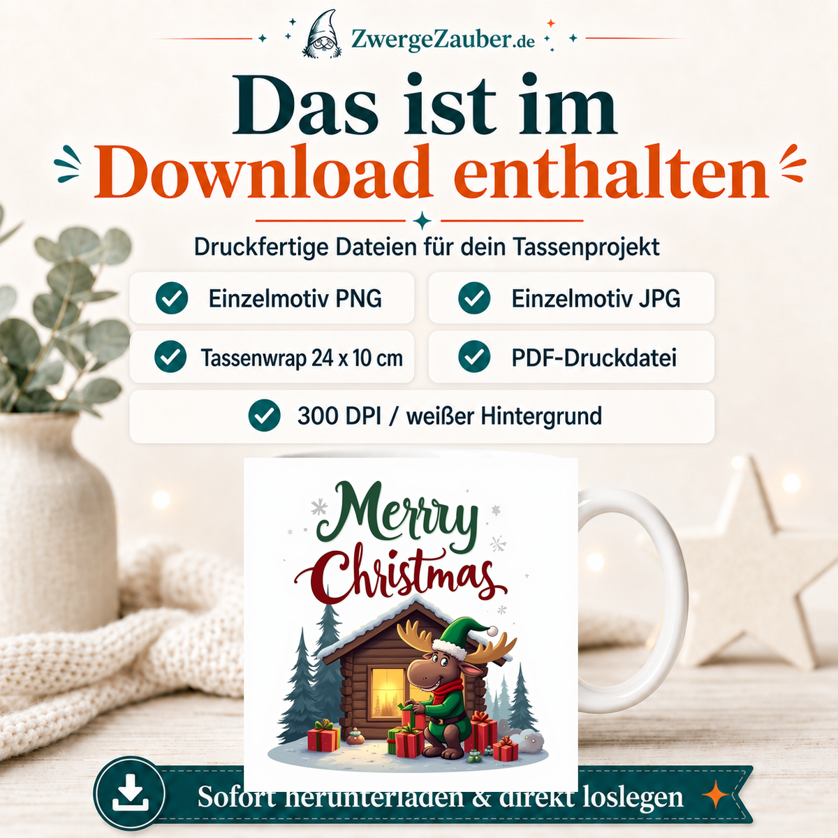 ZwergeZauber Tassendesign Merry Christmas Elch vor Winterhütte – Verkaufsbild 2