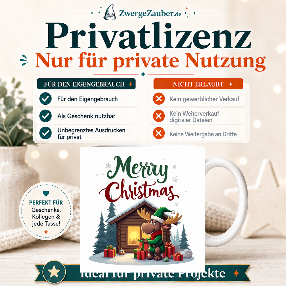 ZwergeZauber Tassendesign Merry Christmas Elch vor Winterhütte – Verkaufsbild 3